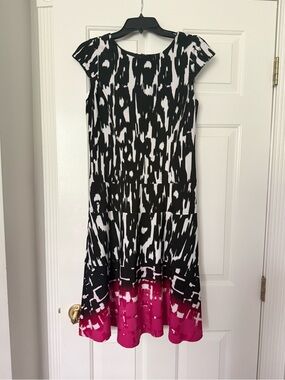 Nine & Co. Black, White & Pink Patterned Fit-and-Flare Dress